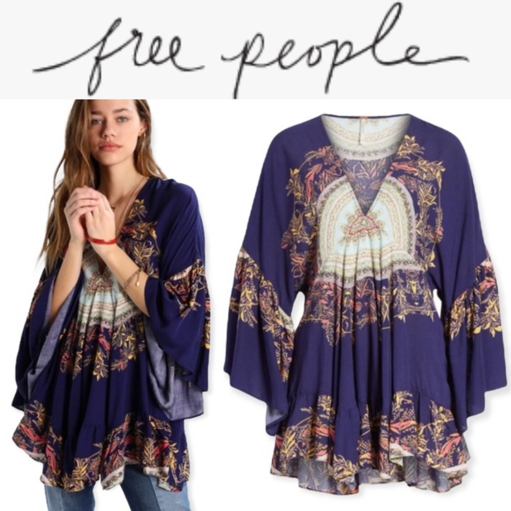 FREE PEOPLE SUNSET DREAMS 60s INSPIRED BOHO TUNIC BELL SLEEVE BLOUSE IN BLUE